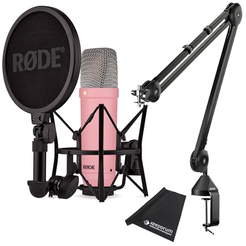 Rode NT1 Signature Pink Studio-Mikrofon Rosa + PSA1 Gelenkarm-Stativ Schwarz + keepdrum Mikrofasertuch