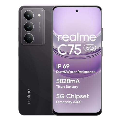 realme C75 5G Smartphone, 8GB RAM, 256GB Speicher, 5828mAh Akku, Dimensity 6300 Chip, IP69 Wasserschutz, 50MP AI Kamera, 120Hz Display, Schwarz