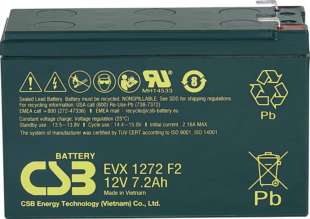 CSB Battery EVX 1272F2, Bleiakku 12V 7.2Ah AGM mit Flachstecker 6.35mm, zyklenfest, (B x H x T) 151 x 99 x 65mm
