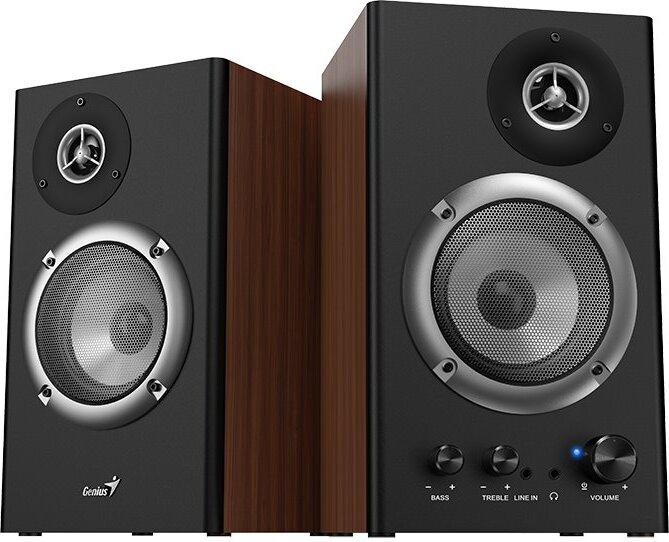 Genius SP-HF1200B, Stereo Standlautsprecher mit 36W Leistung, einstellbarem Bass- und Höhenregler, braun