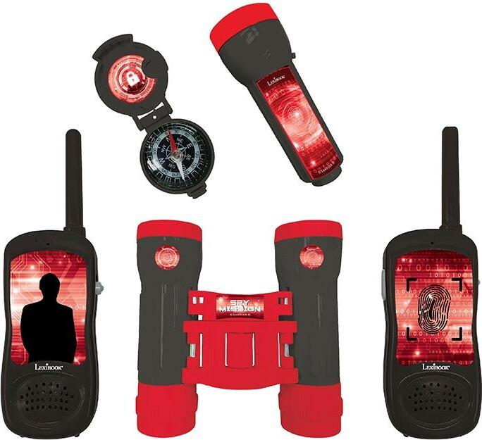Lexibook Komplettes Spionageset mit Funkgeräten bis zu 120m, Fernglas, Taschenlampe und Kompass, schwarz/rot