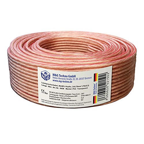 M&G Techno 50m Lautsprecherkabel (Single-Wire) 2x0,75mm² echtes Kupfer rund Transparent, mit Metermarkierung. Made in Germany