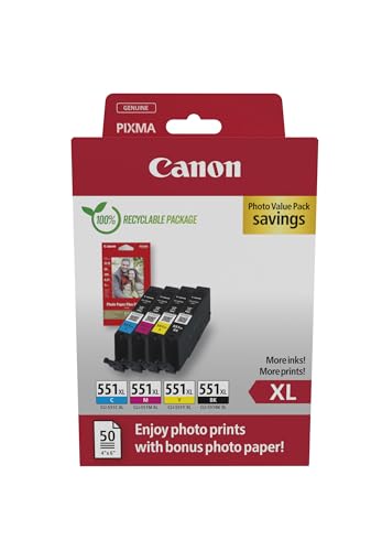 Canon CLI-551 XL Multipack Tintenpatronen, 5 Farben (Gelb, Cyan, Magenta, Schwarz) für PIXMA MAXIFY Drucker