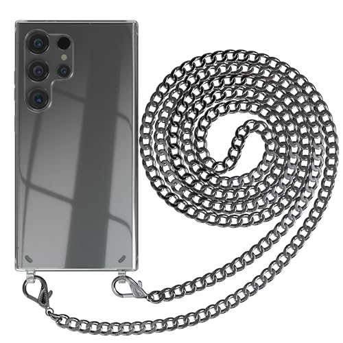 EAZY CASE Handykette für Samsung Galaxy S24 Ultra, TPU/Silikon Schutzhülle mit Metall Umhängeband, Schwarz/Anthrazit, flexible Tragemöglichkeiten und Ersatzkordel