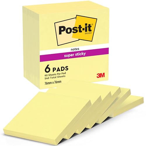 Post-it Super Sticky Haftnotizblock 654-12SYP, 76 x 76 mm, kanariengelb, 90 Blatt, haften auf nahezu allen Oberflächen