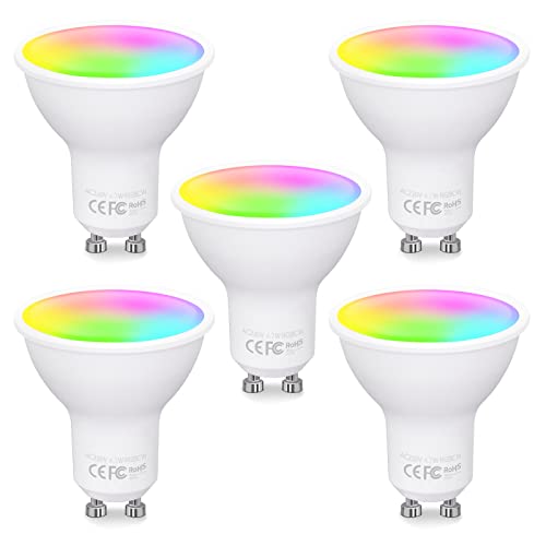 Fitop Alexa Glühbirnen GU10 Wlan Smart Lampe,4.7W Entspricht 50W,RGB 16 Millionen Farben+Warmweiß-Kaltweiß,Dimmbar per App oder Sprach,Kompatibel mit Alexa/Google Home,Kein Hub Benötig,5 Stück
