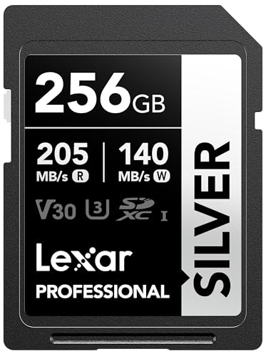 Lexar Silver SD Karte 256GB, UHS-I SDXC mit 205 MB/s Lesegeschwindigkeit, 140 MB/s Schreibgeschwindigkeit, V30, U3, C10, 4K UHD Video und lebenslanger Datenwiederherstellung