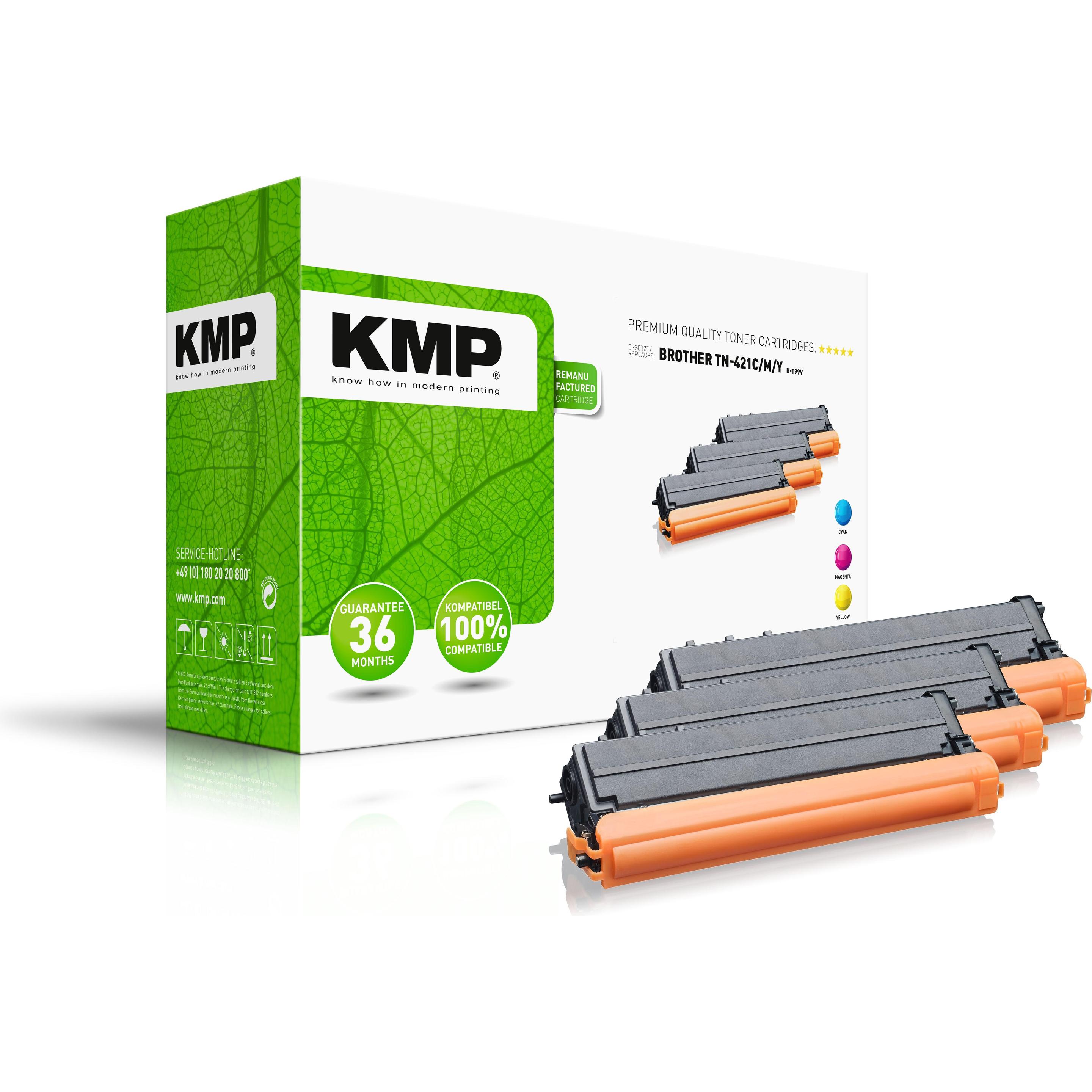 KMP 3 B-T99V Toner, kompatibel mit Brother TN-421C/M/Y, Cyan, Magenta, Gelb, reichhaltige Druckqualität, 2.000 Seiten, wiederaufbereitet
