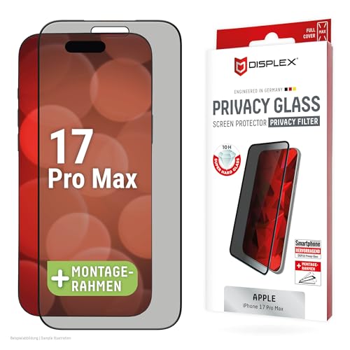 Displex Privacy Glass Full Cover für iPhone 17 Pro Max, Kratzer-resistent mit Eco-Montagerahmen und Effektivem Blickschutz