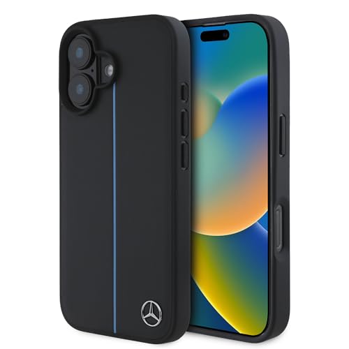 CG MOBILE Mercedes-Benz HC-Handyhülle für iPhone 16, langlebig, stoßfest, kompatibel mit MagSafe, Blue Line Leder, Schwarz