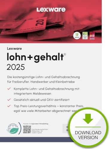 Lexware lohn+gehalt Basis 2025 (365 Tage) Einfache Lohn- und Gehaltsabrechnungs-Software PC Aktivierungscode per Email, von Lexware - Mit Betriebsstätten- & Krankenkassen-Verwaltung, GKV-Zertifikat, Basis-Version, für 50 Arbeitnehmer