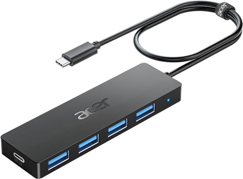 Acer USB C HUB 3.0, Ultra Slim Multiport Hub mit 4 Ports, USB-C-Stromversorgung, 60cm Kabel für iPhone 15/16, MacBook, iPad Pro, iMac, Surface Pro, PC, Laptop und Tablets