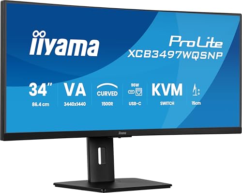 iiyama Prolite XCB3497WQSNP-B1 Curved 34 Zoll VA LED-Monitor UWQHD HDMI DP USB-C Dock 95W RJ45 KVM-Switch Höhenverstellung Adaptive Sync schwarz