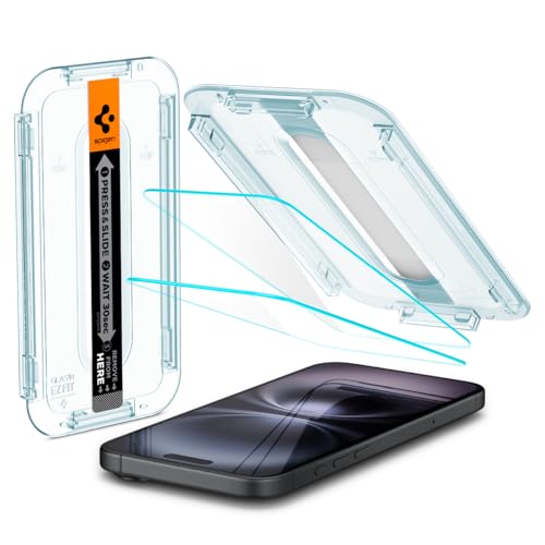 Spigen Glas.tR EZ Fit Displayschutzfolie 2er Pack kompatibel mit iPhone 16, iPhone 15, kratzfest, 9H Härte, transparent