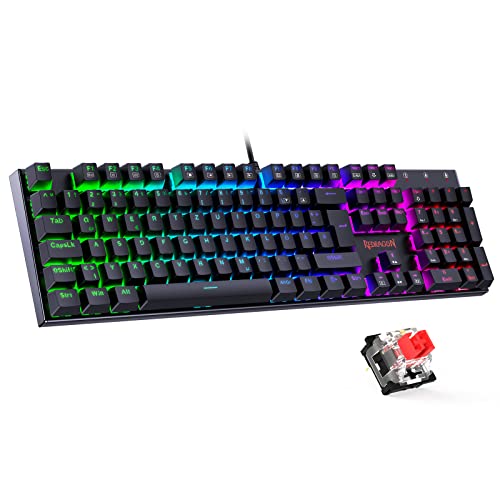 Redragon Mechanische Gaming Tastatur K552, QWERTZ (Deutsch) mit RGB-Beleuchtung, roten Schaltern, 105 Tasten, programmierbar, kabelgebunden, Stahlgehäuse