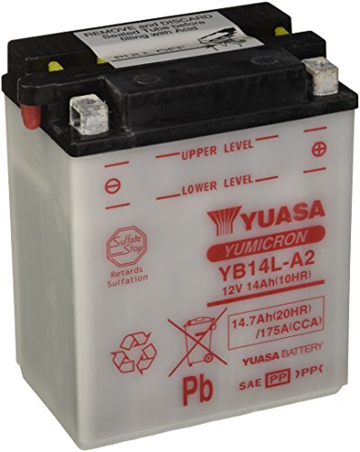 Yuasa YB14L-A2 Motorradbatterie 12V 14Ah, Starterbatterie mit high-performance Glasmatten und Schraubklemme Typ 8