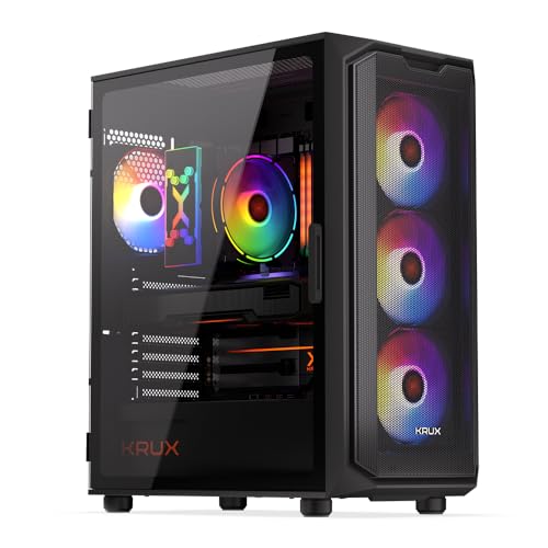 KRUX Orona PC Gehäuse, Luftdurchlässige Frontplatte, 4x120mm ARGB-Lüfter, Seitliche Glasscheibe mit Scharnieren, Schwarz | KRXD003