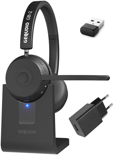 GEQUDIO GB-2 Headset Bluetooth, kabellos mit Mikrofon, passives Noise Cancelling, 2 Geräte gleichzeitig verbinden, lange Akkulaufzeit, mit Ladestation