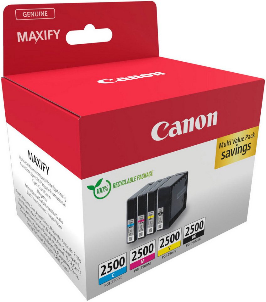 Canon PGI-2500 BK/C/M/Y Tinte Multipack, Vier-Farben-Druckerpatronen mit DRHD-Pigmenttinte für hochwertige Dokumente