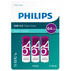 PHILIPS USB-Stick Vivid 3.0, 64 GB mit Drehmechanismus und hoher Übertragungsrate, lila, weiß, 3 Stück