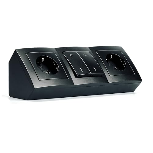 McPower Steckdosenblock Unterbausteckdose | Flair | 2X Schutzkontaktsteckdosen + 1x Schalter, 230V~ / 16A, Aufbau, schwarz matt, gewinkelte Rückseite
