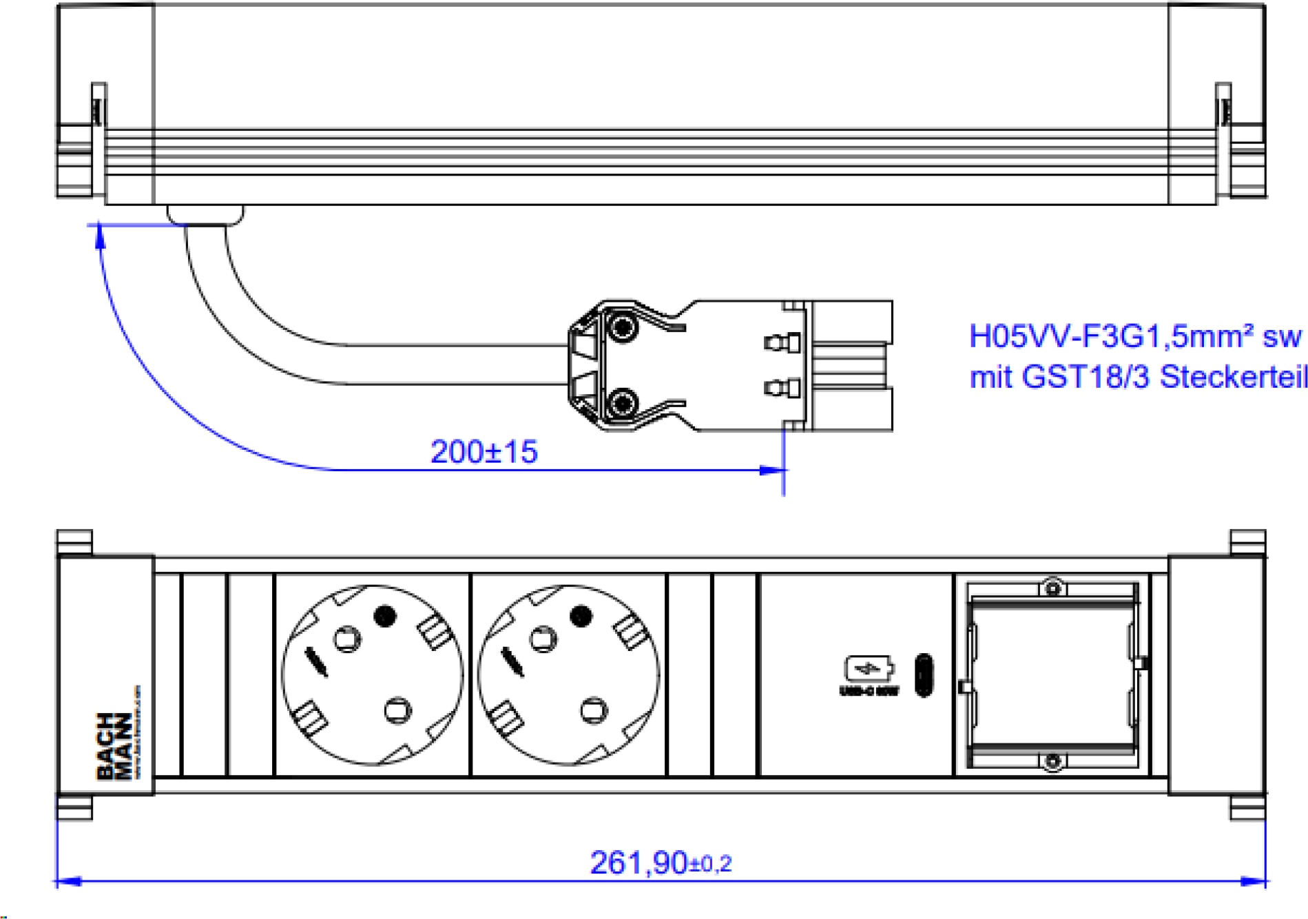 Bachmann Steckdosenleiste 916.507 (2 x, CEE 7/3, 0.20 m) in Schwarz mit USB C 30W Charger und Custom Module