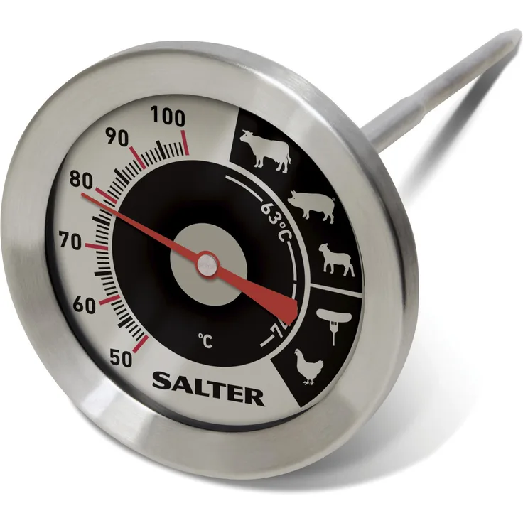 SALTER analoges Fleischthermometer, Edelstahl, Silber, Deutliche Anzeige, 50-100°C, ideale Röstung, Messfühler, 6,2x6,2x13cm
