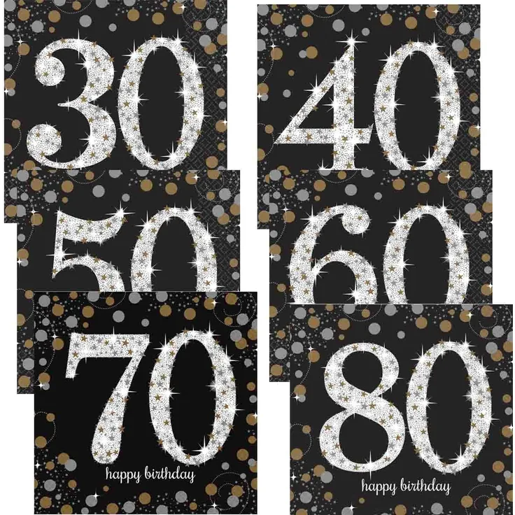 Glitzernde Servietten in Gold Schwarz für Runden Geburtstag