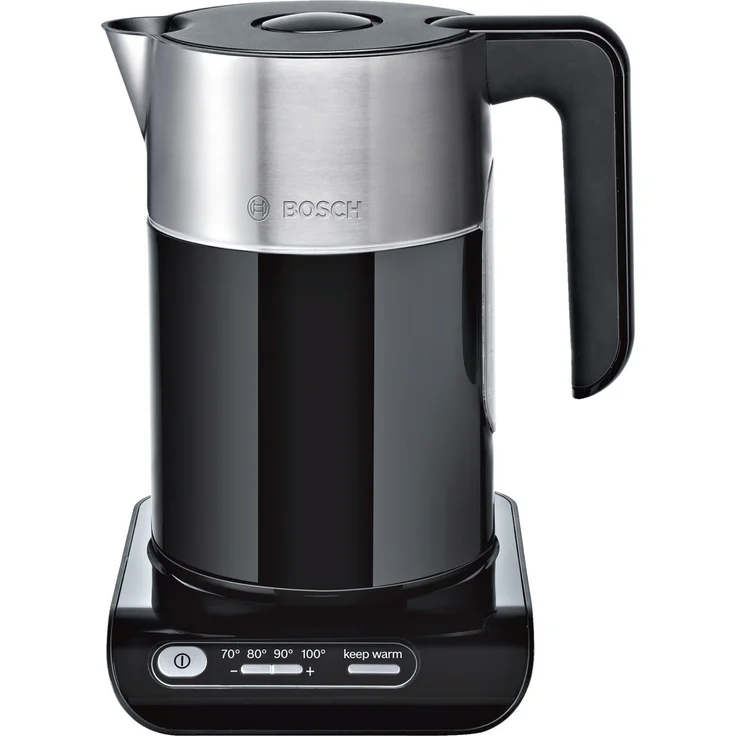 Bosch TWK8613P kabelloser Wasserkocher, Abschaltautomatik, Überhitzungsschutz, Temperaturwahl, Warmhaltefunktion, 1,5 L, 2400 W, Deckelendabschaltung im Betrieb, schwarz – Bild 1