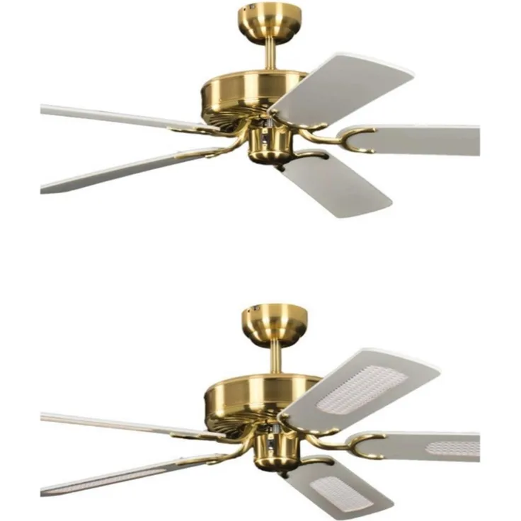 Deckenventilator ohne Beleuchtung Potkuri, Gehäuse Messing seidenmatt, Wendeflügel Weiß oder Weiß mit Rattaneinlage , 132 cm, für Räume bis zu 25m²