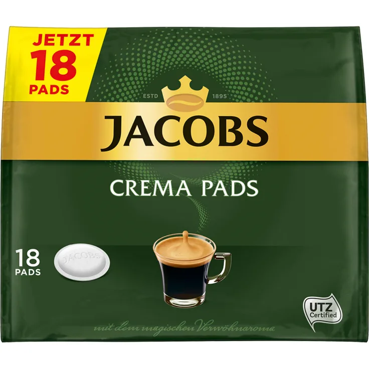 Jacobs Kaffeepads Crema Pads, Klassisch, Samtiger & Weicher Geschmack, Kaffee, 18 Pads