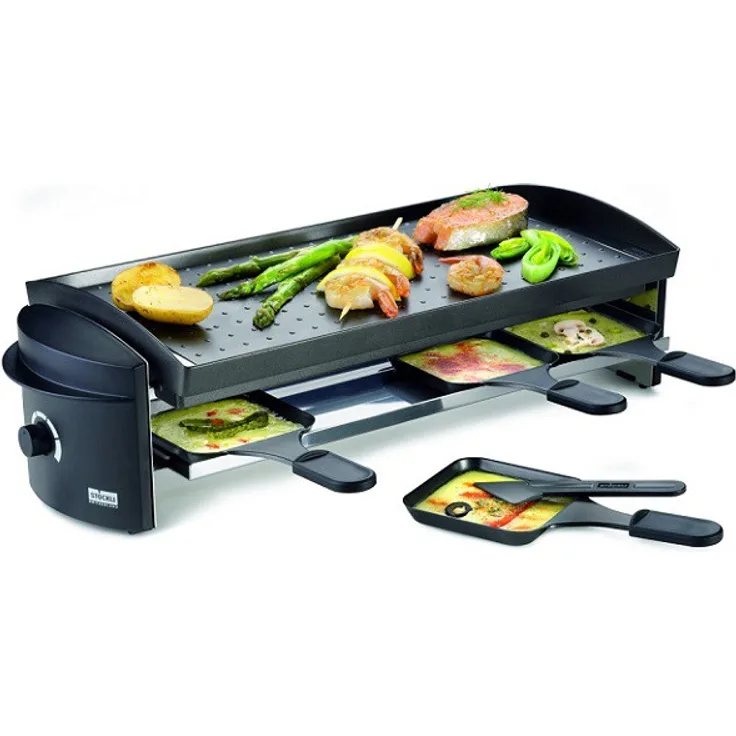Stöckli 0008.02 Raclette-Grill, 1100 Watt, für 8 Personen,  stufenlos regelbares Thermostat, antihaftbeschichtet, inkl. 8 Spachtel, 8 Pfännchen, schwarz