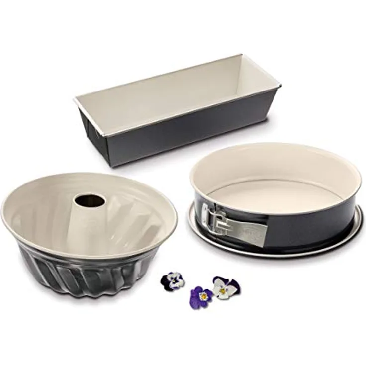 Dr. Oetker 3er Backformen-Set BACK-TREND: Springform, Gugelhupfform und Kastenform, Kuchenformen aus Stahl mit keramisch verstärkter Antihaft-Beschichtung (Farbe: creme-anthrazit), Menge: 1 x 3er Set