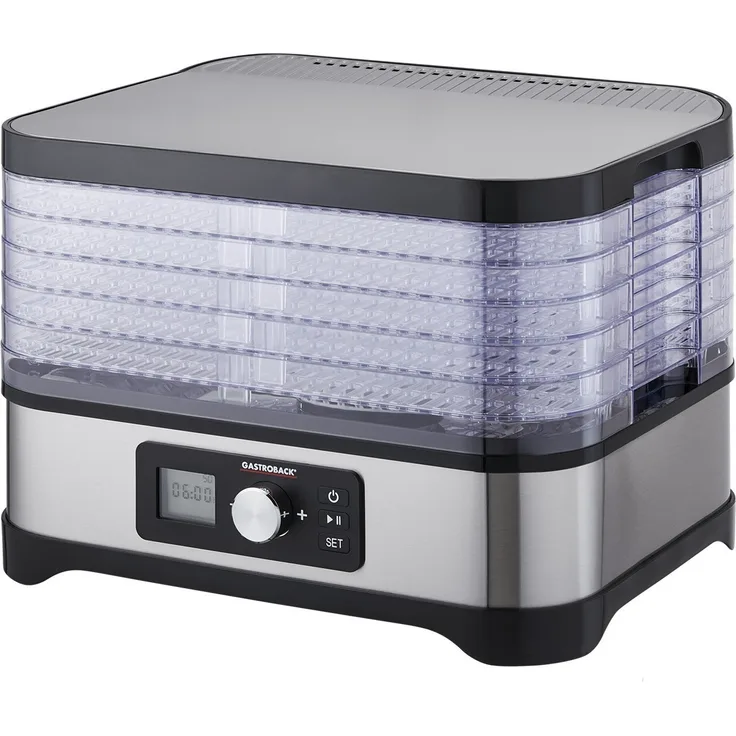 Gastroback 46600 Design Dörrautomat Natural Plus, Dörrgerät, 6 Dörrgitter, 2 Müsliriegel-Formen, Gesamtdörrfläche 4.800 cm², Temperatur 35 bis 70°C einstellbar, 72 Stunden Timer, silber, schwarz