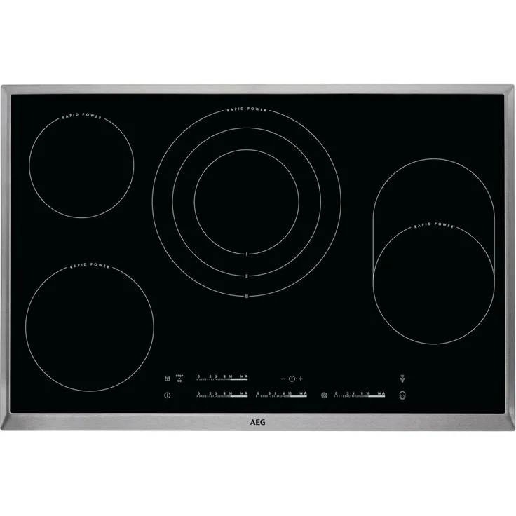 AEG HK854870XB Glaskeramikkochfeld, Autark, Einbaugerät, Betriebsart elektrisch, 4 Zonen, 14 Stufen Regulierung, Breite 76,6 cm, Edelstahlrahmen, schwarz