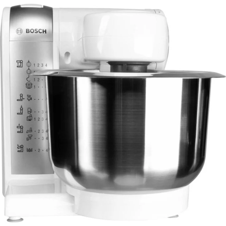 Bosch MUM4880 Küchenmaschine, 600W, 3,9 L Edelstahlschüssel, 4 Geschwindigkeiten, inkl. Patisserie-Set, Fleischwolfaufsatz, Standmixeraufsatz, Zitruspressenaufsatz, weiß, Serie: MUM4  – Bild 2