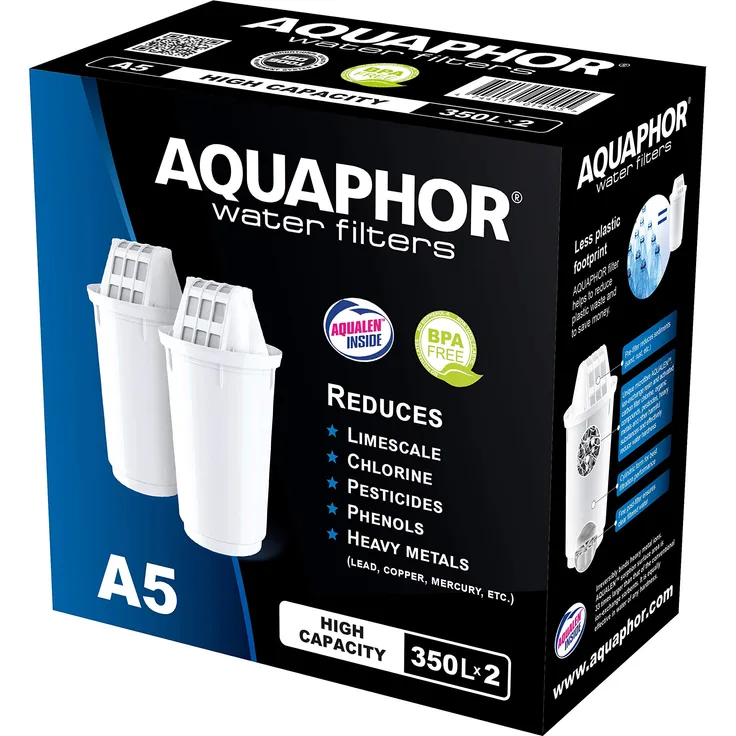 AQUAPHOR A5 Pack 2 Wasserfilterkartusche mit patentierter AQUALEN Technologie, weiß, 350 l