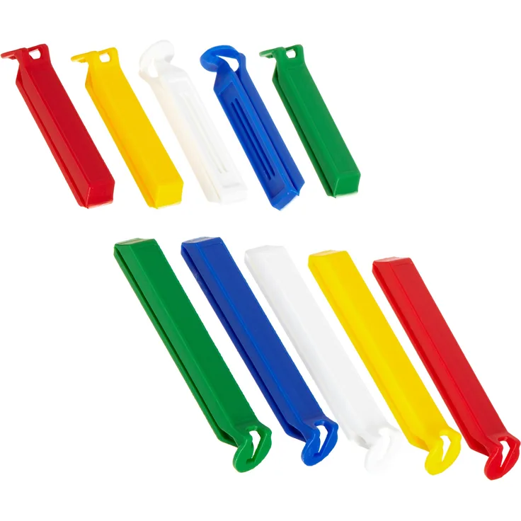 FACKELMANN Aromaclips Tecno, Verschlussclipse aus Kunststoff in 2 Größen, Verschlussklammern für Tüten Farbe: Weiß-Blau-Gelb-Grün-Rot, Menge: 10 Stück