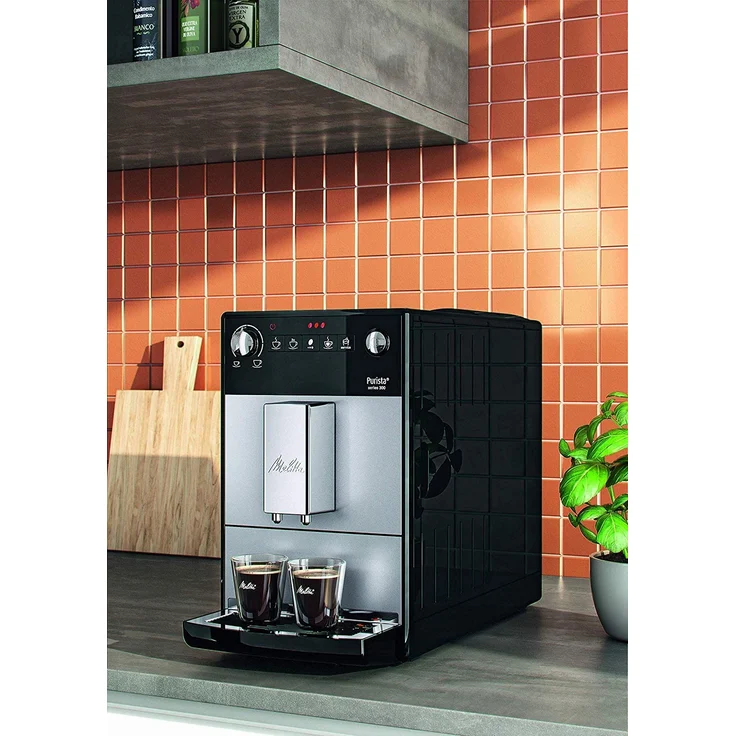 Melitta Purista F 230-101 Kaffeevollautomat mit flüsterleisem integriertem Kegelmahlwerk (Direktwahltaste, 2-Tassen Funktion, 20 cm Breite, entnehmbare Brühgruppe) silber-schwarz – Bild 5