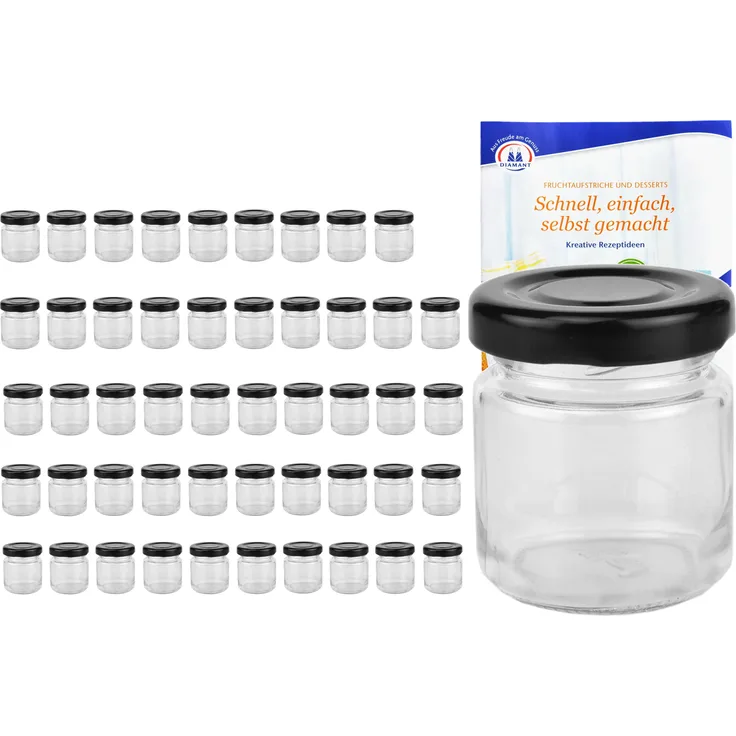 50er Set Sturzglas 53 ml To 43 schwarzer Deckel incl. Diamant Gelierzauber Rezeptheft