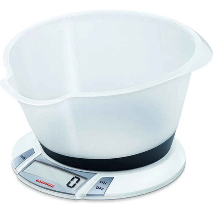 Soehnle Digitale Küchenwaage Olympia Plus mit 5 Kilo Tragkraft und 1-g-Wiegepräzision, Waage mit abnehmbarer Rührschüssel, elegante Waage für die Küche mit LCD-Anzeige und Abschaltautomatik, weiß – Bild 1