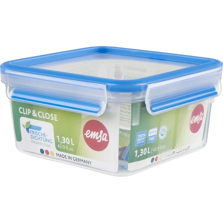 Emsa N1011300 Clip & Close Frischhaltedose quadratisch Fassungsvermögen 1,3 Liter, Clip-Verschluss, Kunststoff Transparent-Blau – Bild 1