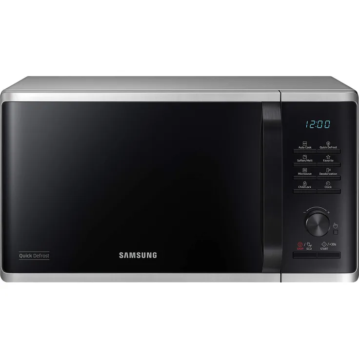 Samsung MW3500K MS2AK3515AS-EG Mikrowelle, Standgerät, 800 Watt, 23 Liter Garraum, 48,9 cm Breite, Kratzfester Keramik-Inneraum, QuickDefrost Auftauprogramme, silber, E-Commerce Verpackung