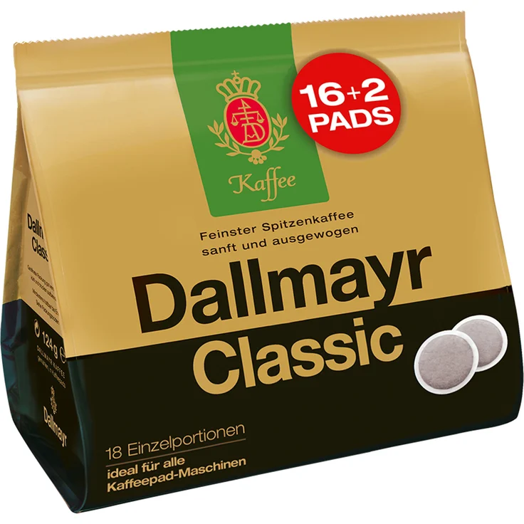 Dallmayr Classic Kaffeepads, für alle Pad Maschinen, Röstkaffee, Sanft, 16 + 2 Pads, á 6.9 g – Bild 1