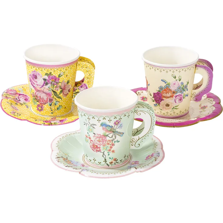 Talking Tables TS6-CUPSET-VINTAGE Gemischte Vintage Designs 12er Tasse mit Henkel & Untertassen Set, Papier, verschiedene farben