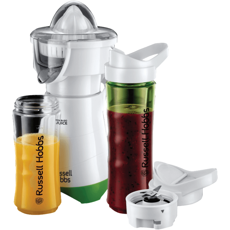 Russell Hobbs Smoothie Maker Mix&Go Juice Explore, inkl. Aufsätze: Mixer- & 2 Zitruspressen-Aufsätze, 22.300 U-min, 2 Trinkflaschen, Zitruspresse, elektrischer Entsafter Küchenmaschine 21352-56