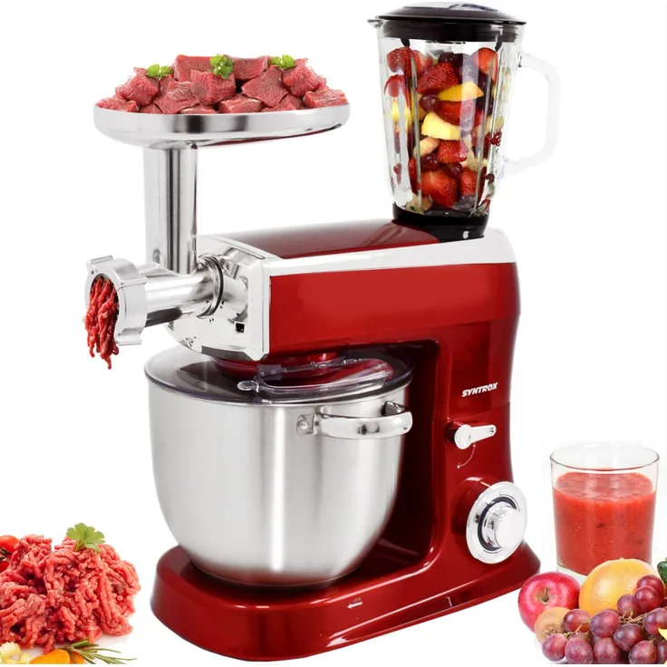 Syntrox Küchenmaschine Knetmaschine mit Fleischwolf und Mixer 7,5 L - silber 1500W