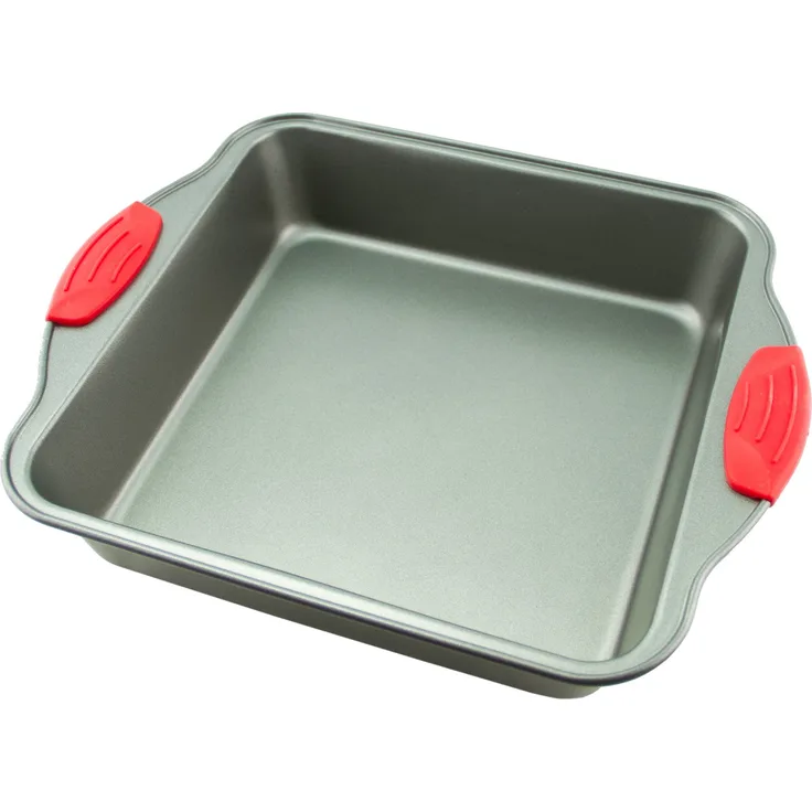 Non-Stick Steel 8-Inch Square Cake Pan by Boxiki Kitchen | Durable, Convenient, Premium Quality No-Stick Baking Mold Cookware | Square Cake Pan 8 x 8 x 2, w, Red Silicone Handles by Boxiki Kitchen
