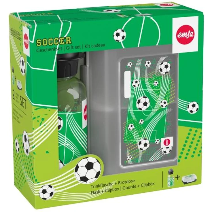 Emsa 518140 Kinder Set Trinkflasche + Brotdose, Motiv: Fußball, BPA frei, Material: Trinkflasche aus Tritan, bruchfest und unbedenklich, Brotdose aus Kunststoff – Bild 1