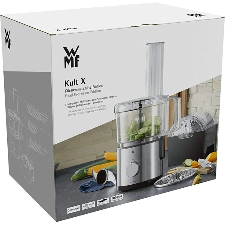 WMF Kult X Edition Küchenmaschine, mit 5 Zubehör-Scheiben, Knetmesser, Stopfen, Edelstahl-Messer, Behälter 2,0l, 500 W – Bild 12